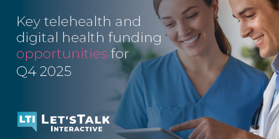 Two healthcare professionals reviewing funding opportunities on a tablet (Q4 2025 telehealth funding).