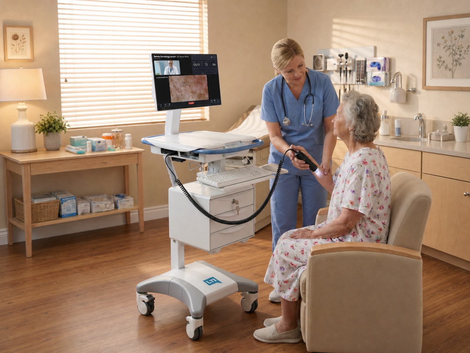 J20EV telemedicine medcart in use during a patient examination