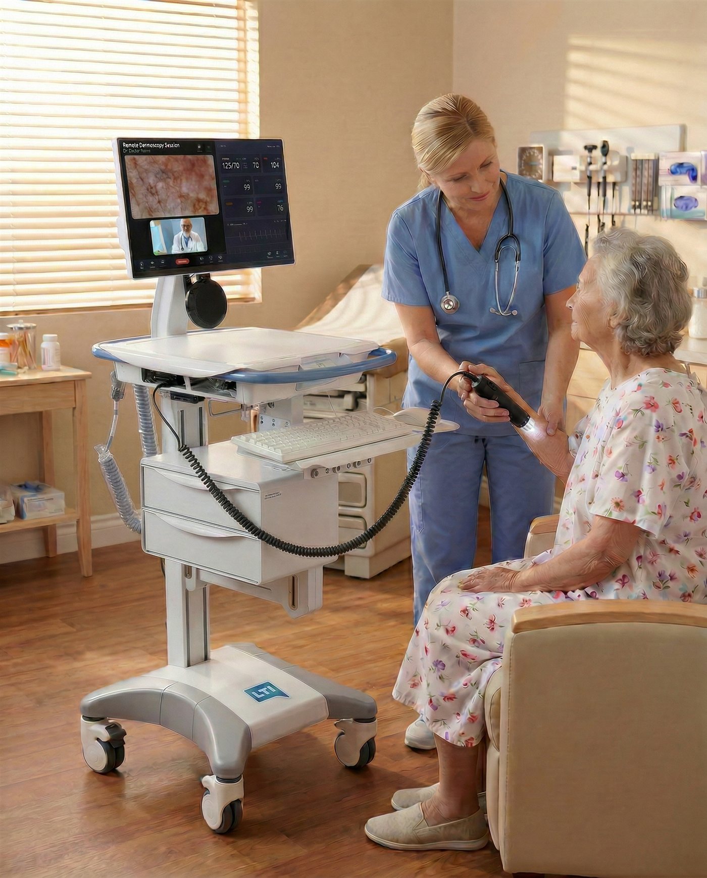A nurse using an LTI Medical Cart during a consultation with an older patient