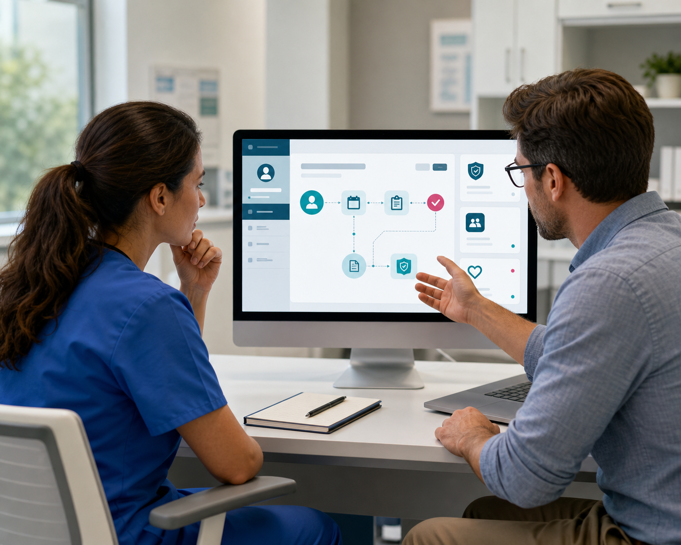 Una clinica y un especialista en software revisan juntos un flujo de atencion personalizado